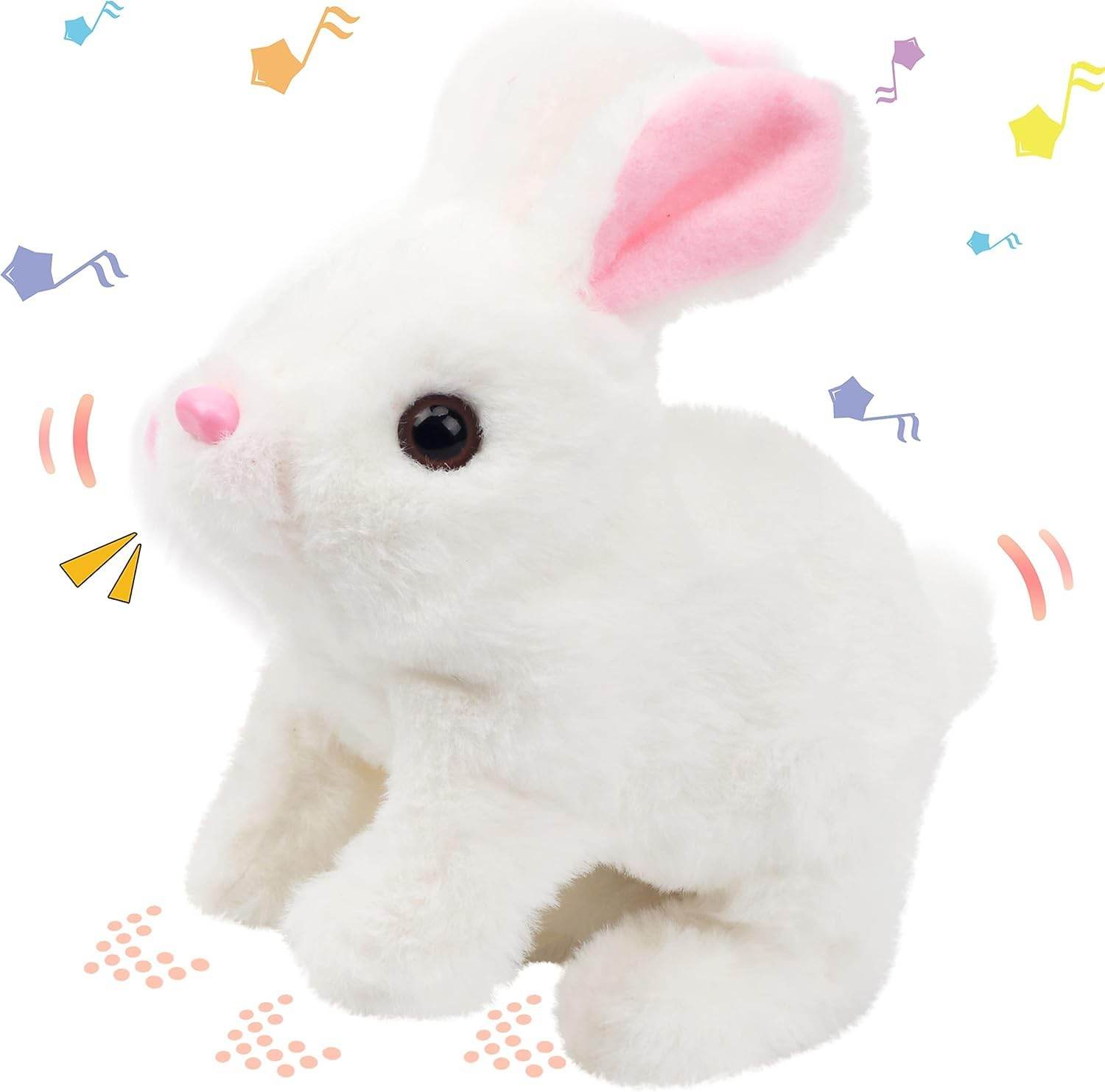 Hopping white bunny rabbit toy for toddlers with pink ears and playful movements
