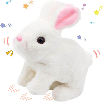 Hopping white bunny rabbit toy for toddlers with pink ears and playful movements