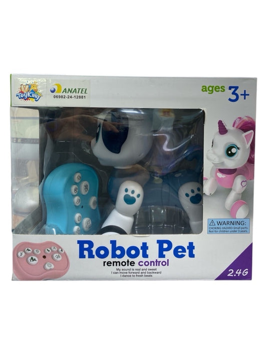 Boxed robot pet toy with remote control, featuring a unicorn and ghost design, on a white background.