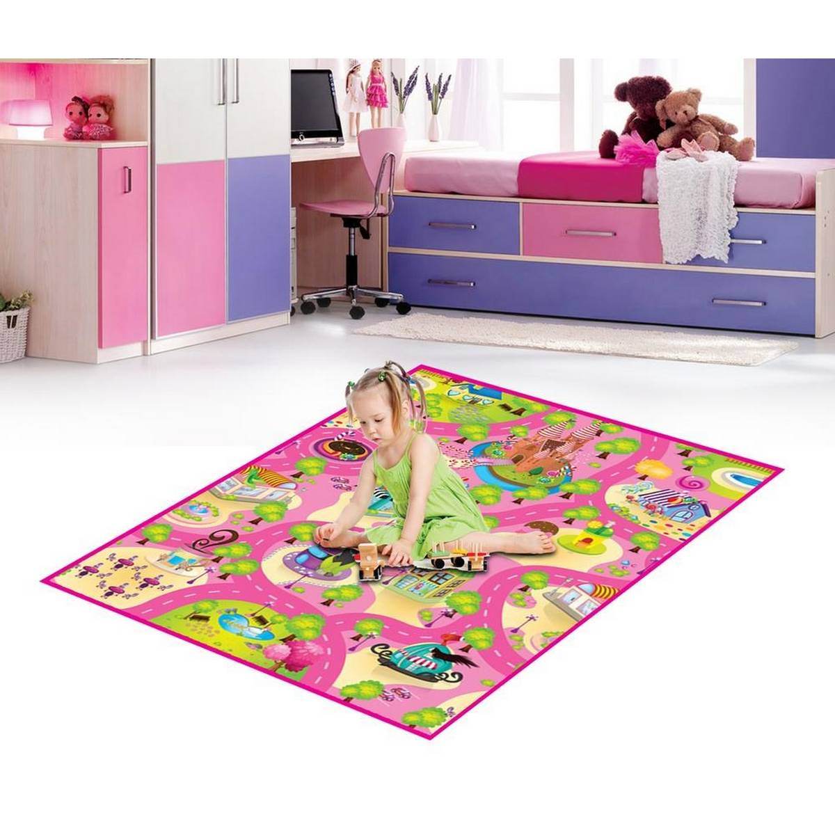 Candyland floor mat for children featuring bright colorful game design with a child playing indoors