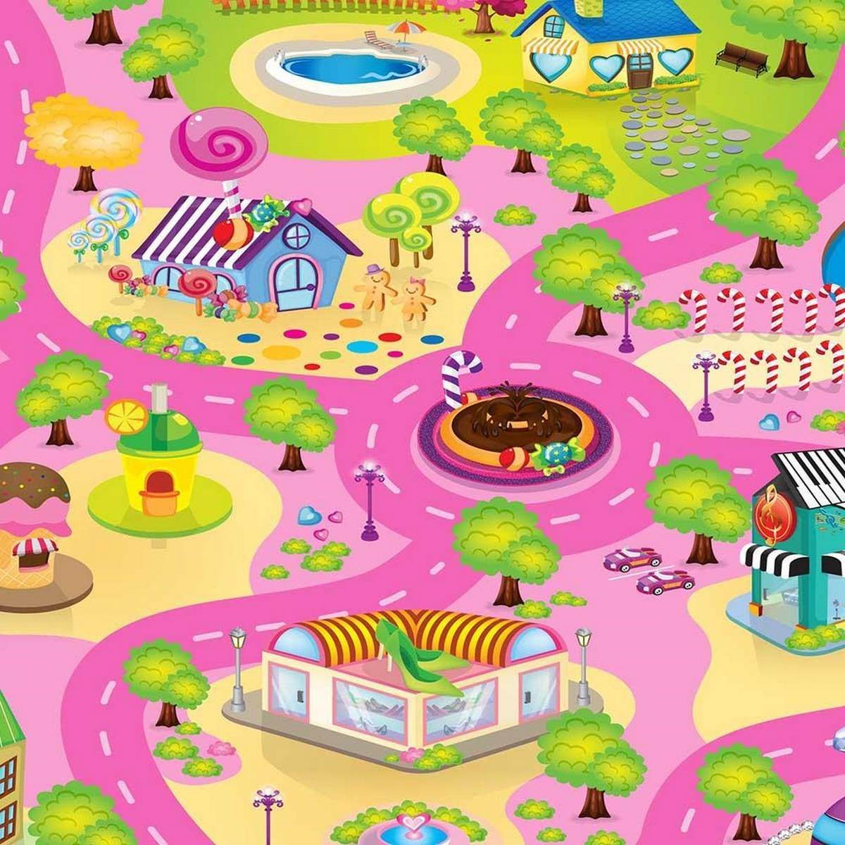 Colorful Candyland floor mat for children featuring playful candy-themed roads, houses, trees, and various sweets