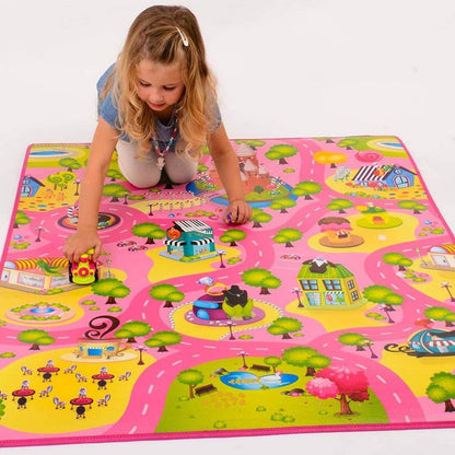 Child playing on colorful Candyland floor mat for children with vibrant roads and playful illustrations