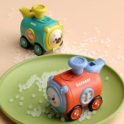 Colorful animal-themed toy cars for toddlers featuring dog and elephant designs with playful actions