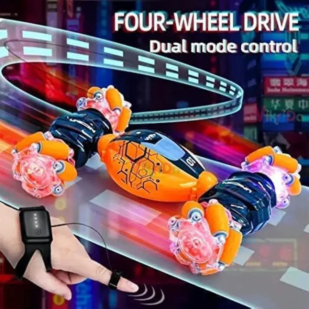 Orange four-wheel drive car on remote control for kids with bright lights and dual mode action