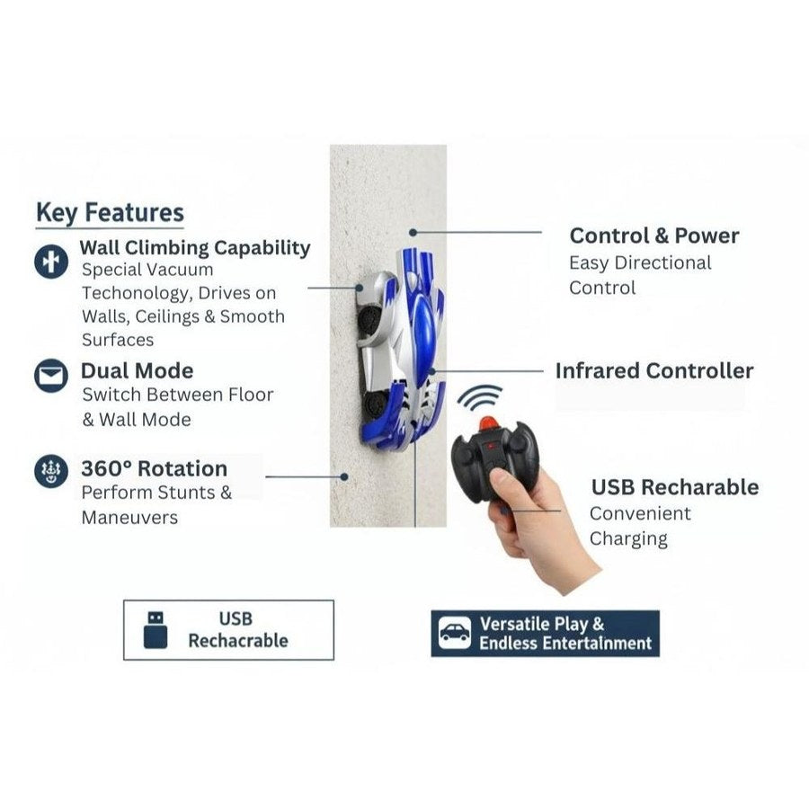 Blue car on remote control for kids with wall climbing capability and 360 rotation features