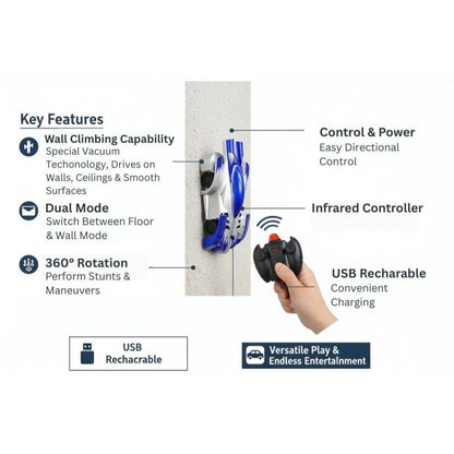 Blue car on remote control for kids with wall climbing capability and 360 rotation features