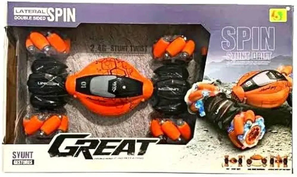 Orange stunt car on remote control for ages 5 and up with double-sided design and 360-degree spins
