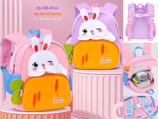 Carrot bunny children bag in pink and purple with cute rabbit design and orange front pocket
