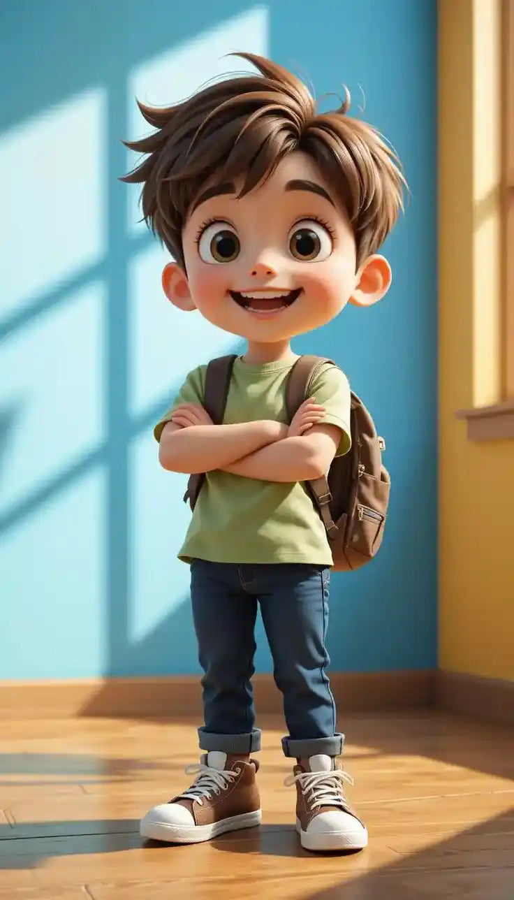 Cartoon boy with backpack.
