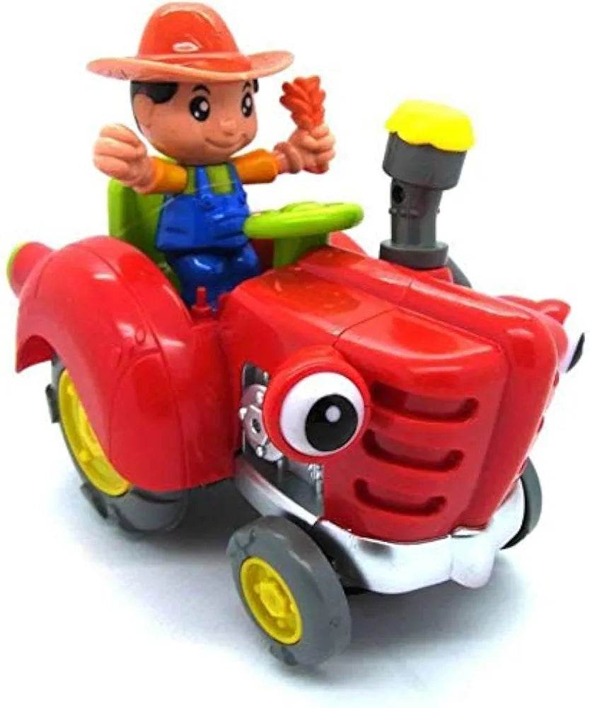 LUMO musical cartoon light up tractor toy with a smiling farmer figure and bright red design