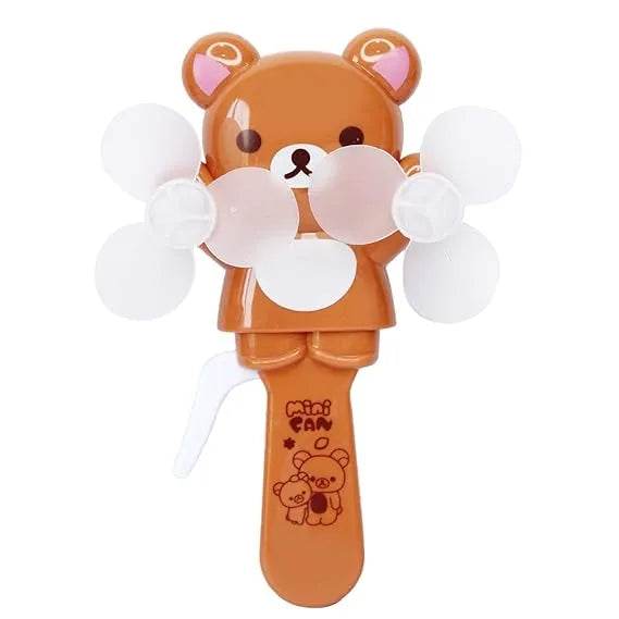 Cute brown bear cartoon mini hand fan for kids with dual white rotating blades and easy grip handle