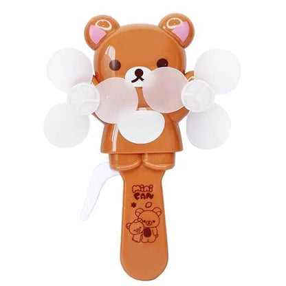 Cute brown bear cartoon mini hand fan for kids with dual white rotating blades and easy grip handle
