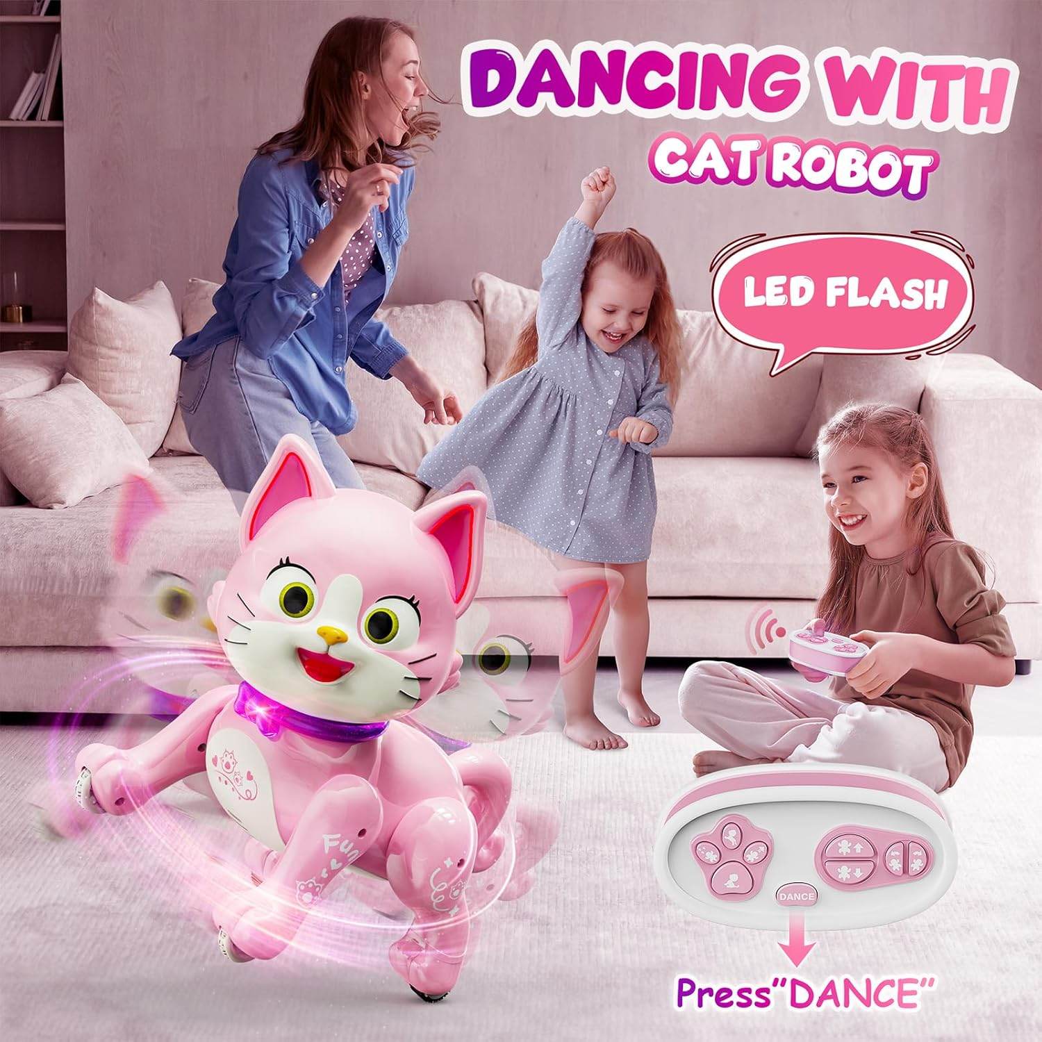 Pink RC cat robot toy with LED flash, perfect cat toy for cat lovers and kids ages 3-7