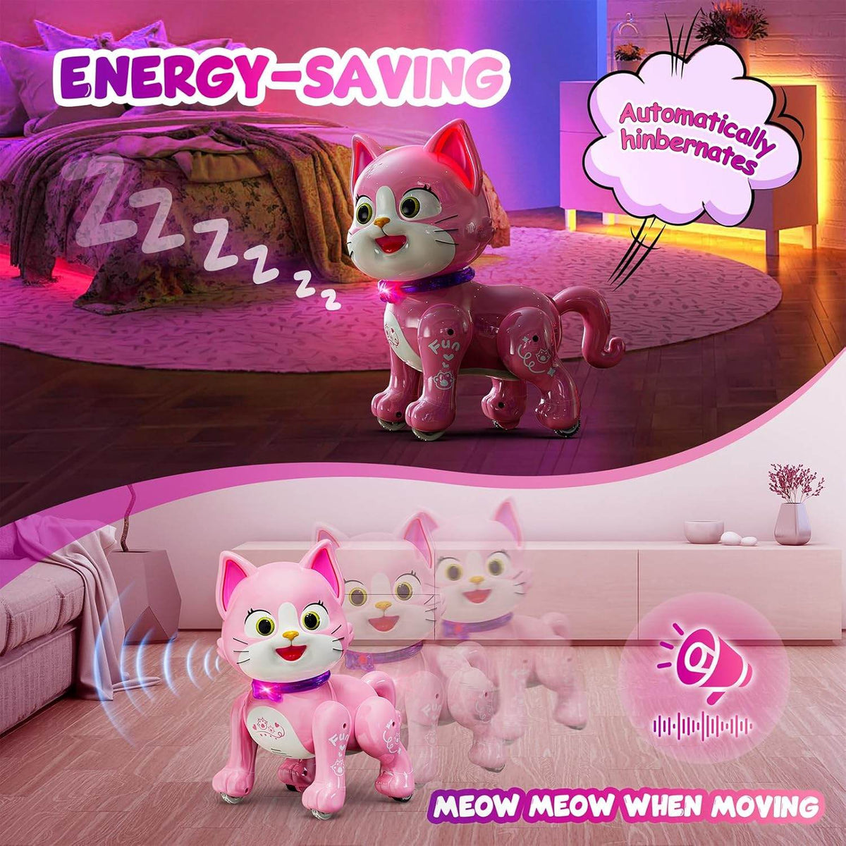 Pink RC cat robot toy that meows and moves, suitable as a cat toy for cat lovers
