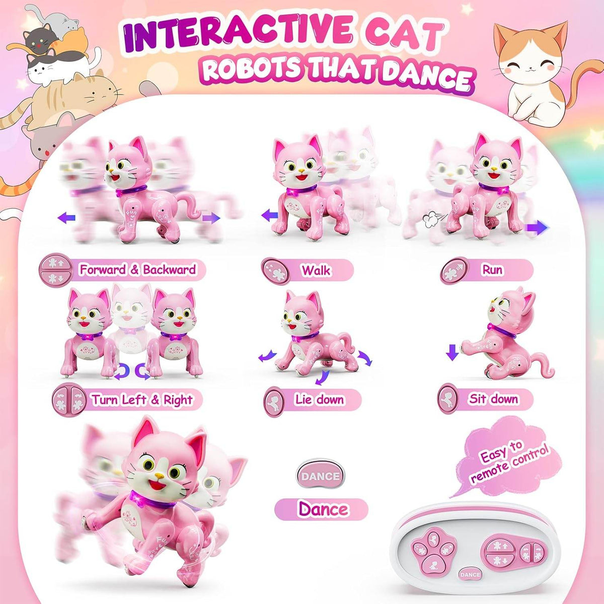 Interactive pink robot cat toy for cats featuring dancing, walking, and remote control actions