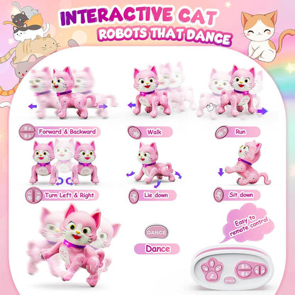 Interactive pink robot cat toy for cats featuring dancing, walking, and remote control actions