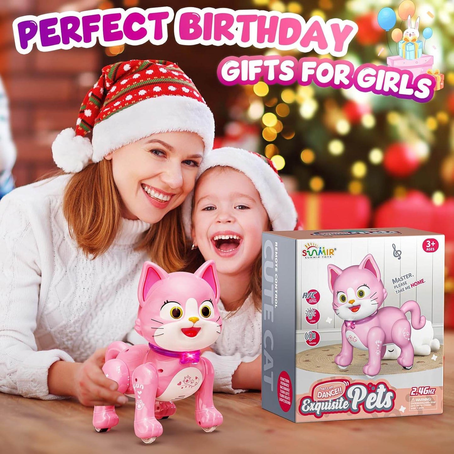 Pink RC cat robot toy for cats with playful movements, suitable for ages 3 and up
