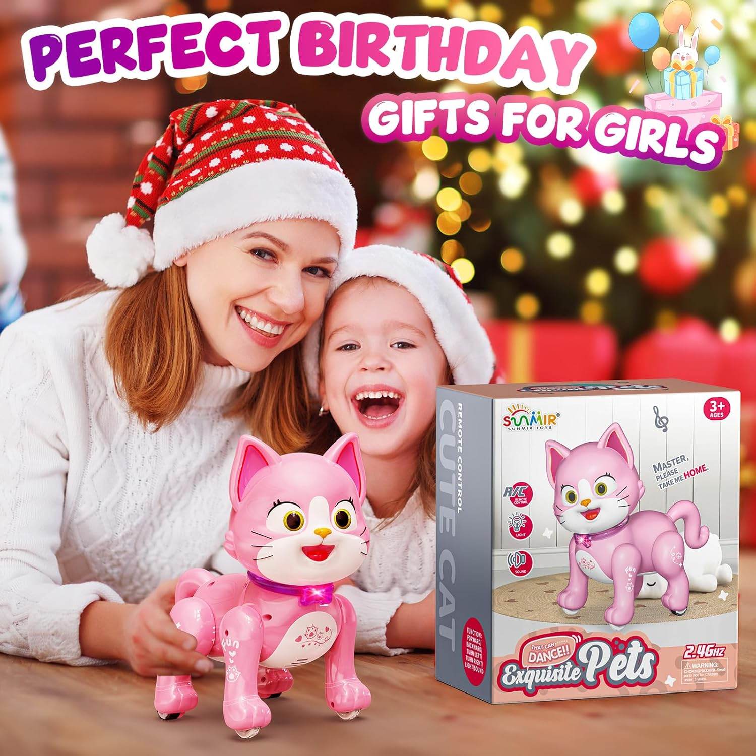 Pink RC cat robot toy for cats with playful movements, suitable for ages 3 and up