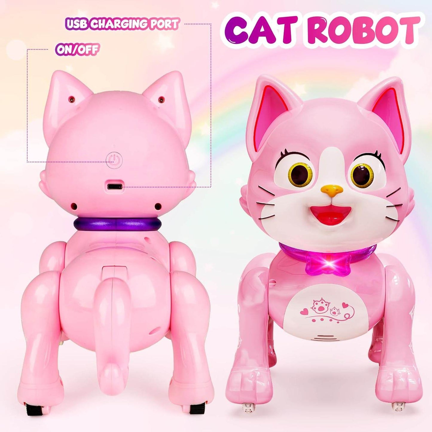 Pink cat robot toy with lights and sounds for kids, perfect cat toy for cat lovers