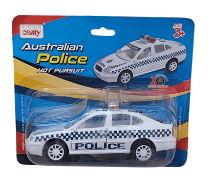 Centy Pull Back Series Australian police toy car in white with blue checkered pattern and siren