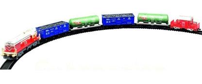 Centy cargo train battery operated toy with red engine and multiple blue and green cargo cars on curved track