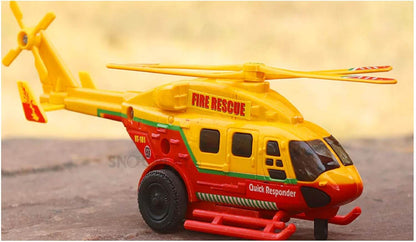 Yellow and red fire rescue helicopter toy pack with rotating blades and wheels for kids