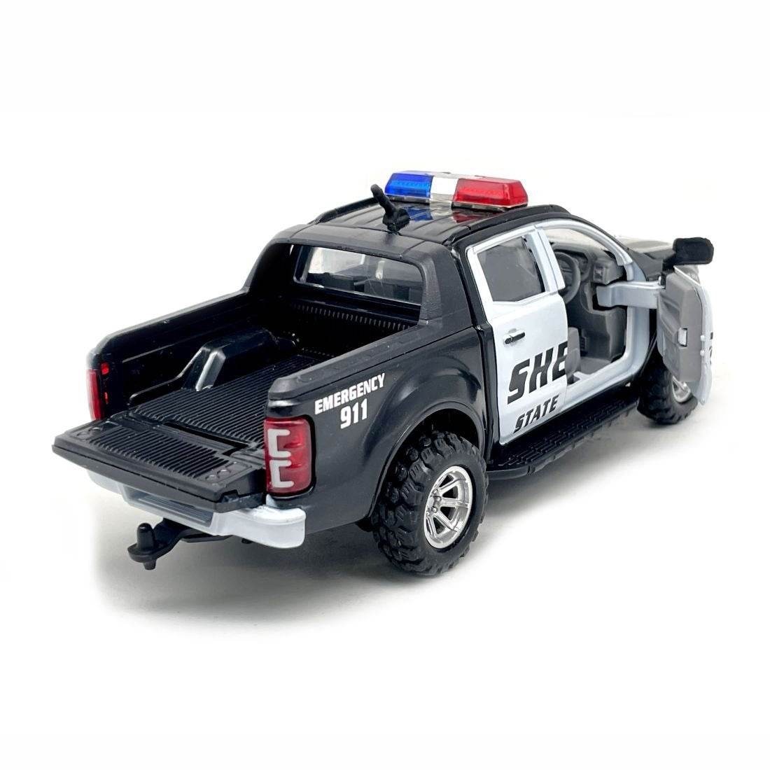 Black and white friction action emergency squad vehicle toy with open door and red blue siren lights