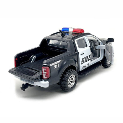 Black and white friction action emergency squad vehicle toy with open door and red blue siren lights