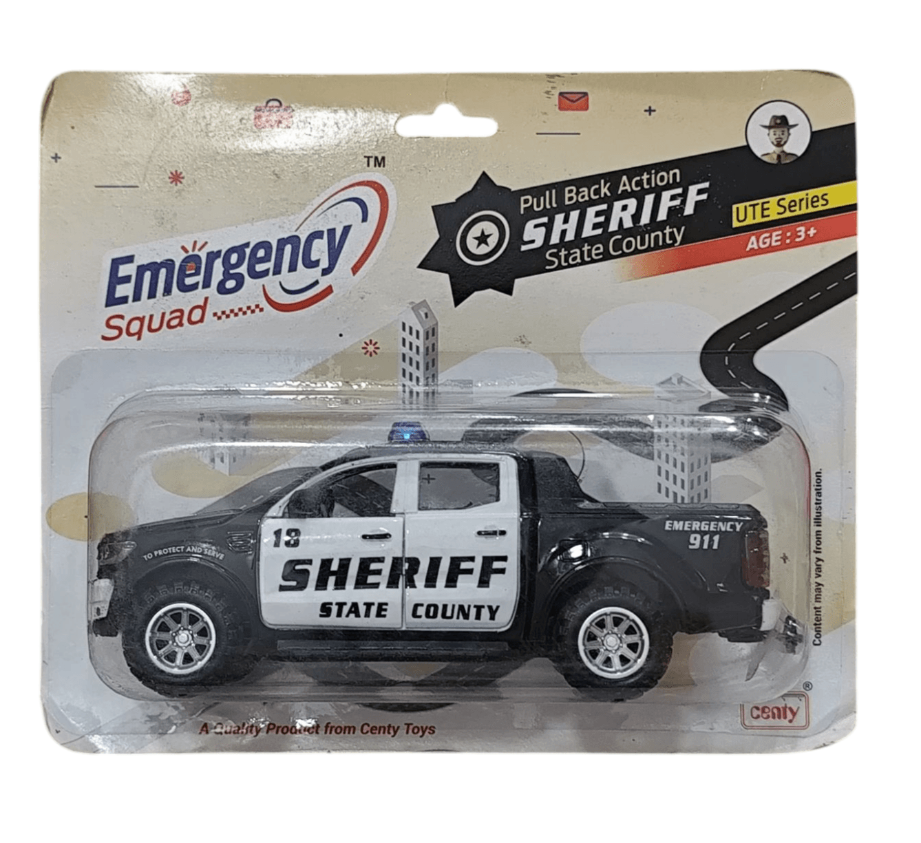 Black and white friction action emergency squad vehicle sheriff state county toy truck for kids