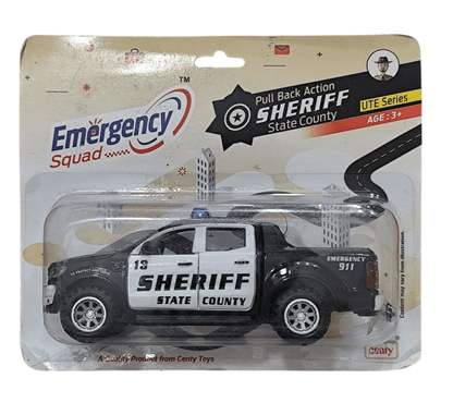 Black and white friction action emergency squad vehicle sheriff state county toy truck for kids