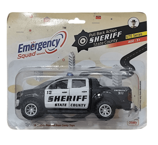 Black and white friction action emergency squad vehicle sheriff state county toy truck for kids