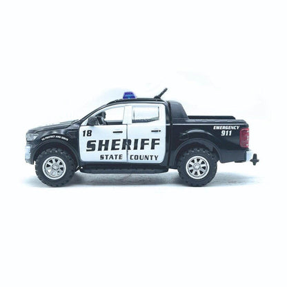 Black and white friction action emergency squad vehicle toy sheriff pickup truck with siren on top