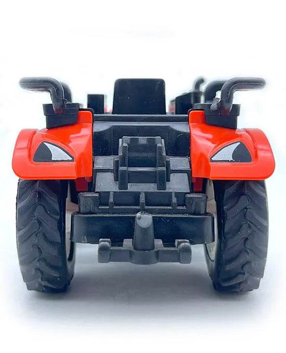 Front view of red friction powered tractor toy with black tires and detailed design