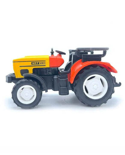 Yellow and red friction powered tractor toy with black and white wheels