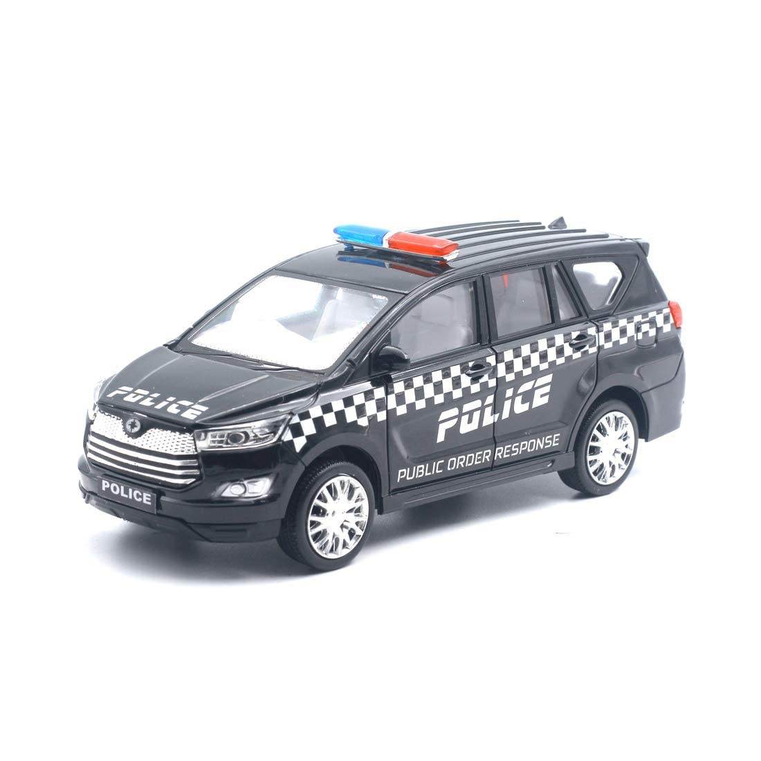 Centy police toy car black SUV model with checkered design and red blue siren lights