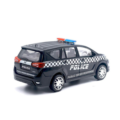 Centy police toy car black squad SUV with checkered pattern and red blue siren lights