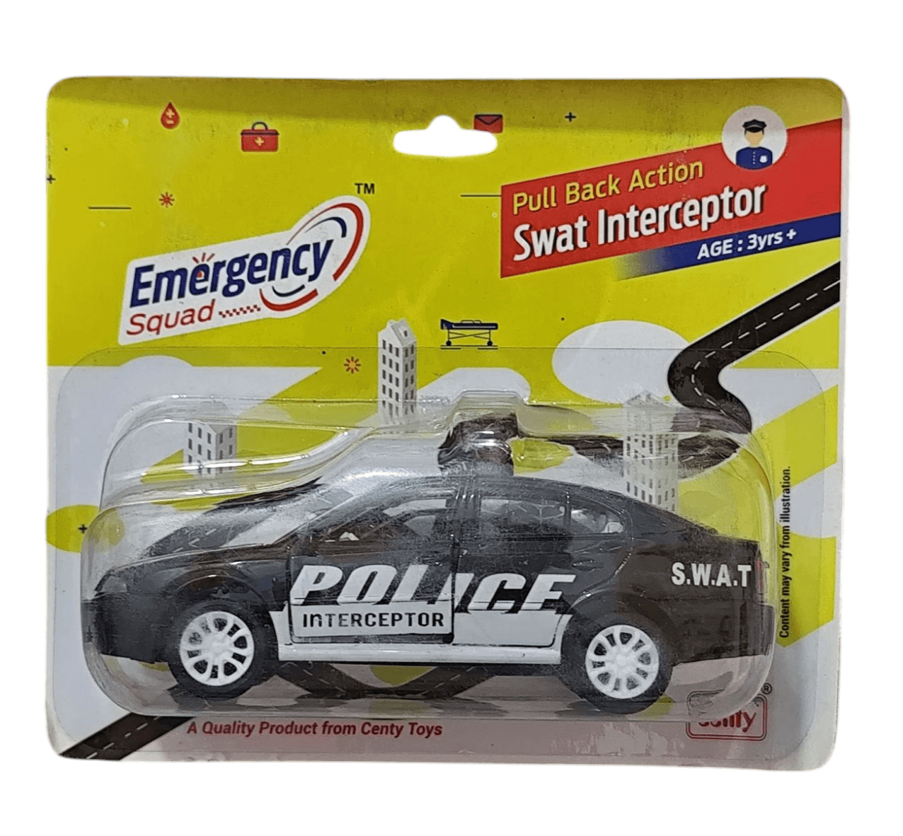 SWAT police car toy with pullback action in black with police interceptor design and white wheels