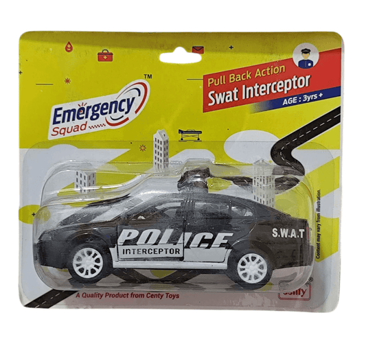 SWAT police car toy with pullback action in black with police interceptor design and white wheels