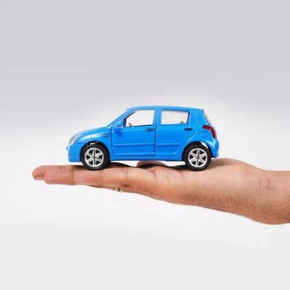 Blue Centy Swift toy car model displayed on a hand, showcasing its compact design