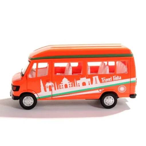 Orange Centy TMP Travel India toy van with white interior and landmark graphics on side