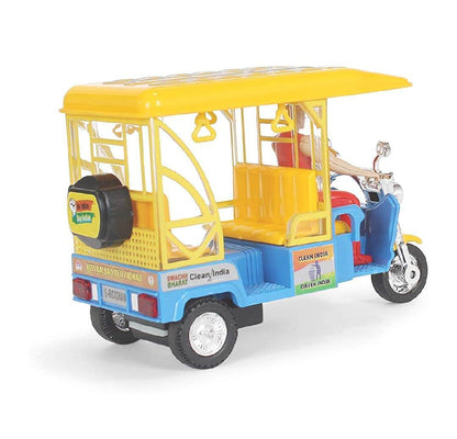 Centy Toys e rickshaw toy in yellow and blue with detailed design and miniature driver figure