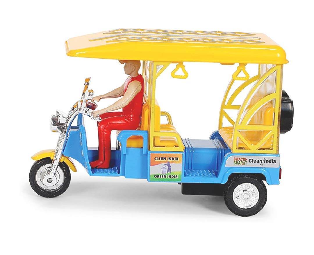 Centy Toys e rickshaw toy in yellow and blue with driver figure and Clean India stickers