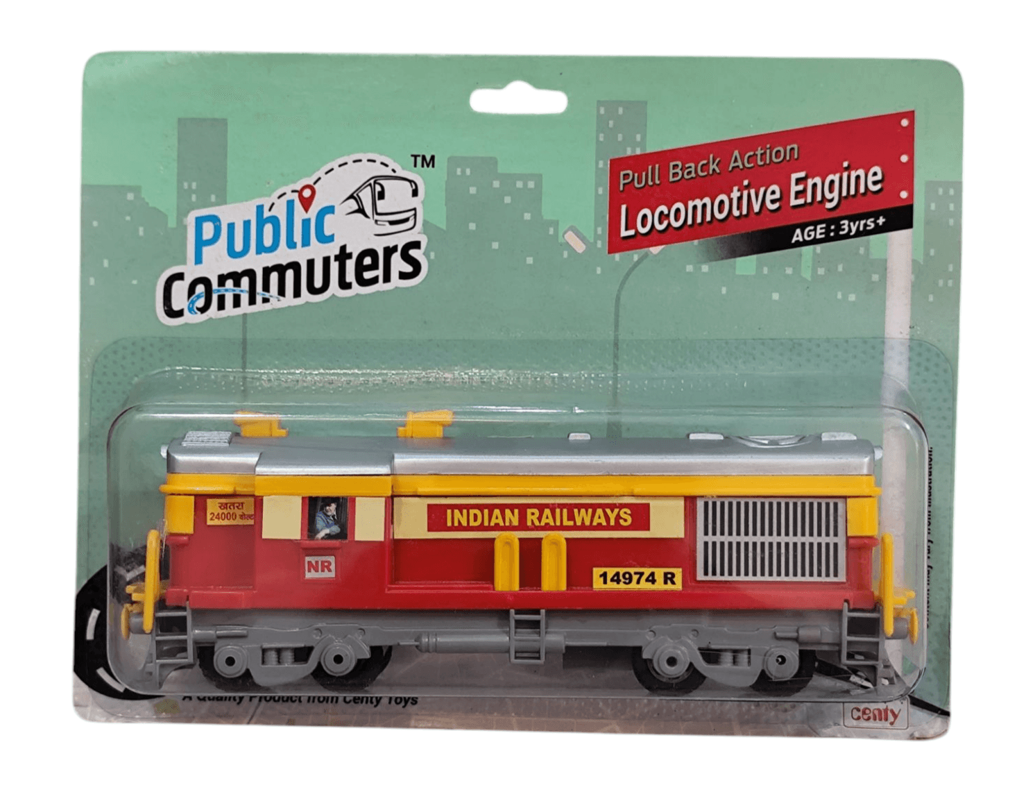 Centy Toys locomotive engine pull back action toy train in yellow and red packaging