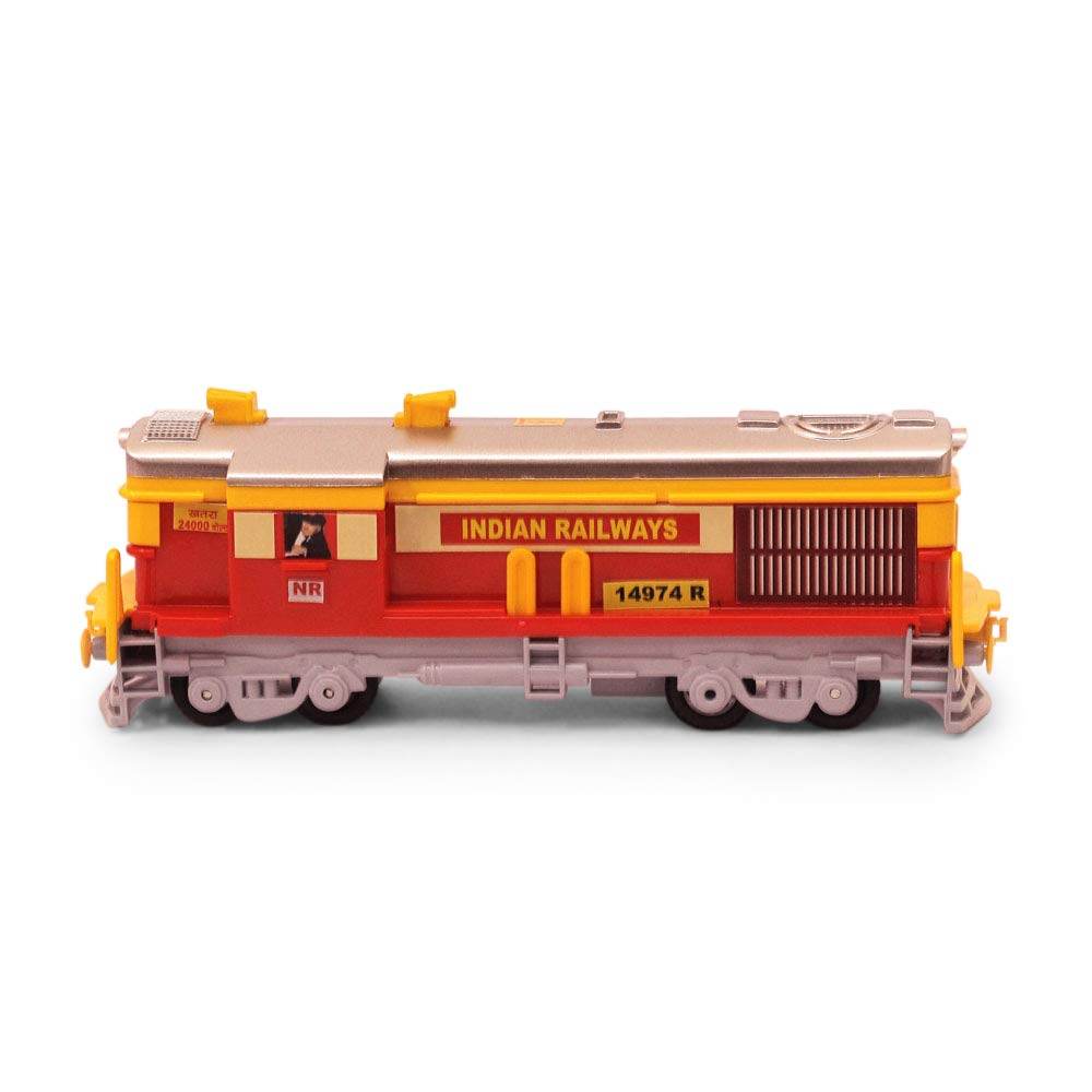 Centy Toys locomotive engine model in red and yellow with Indian Railways branding and detailed design