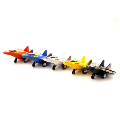 Centy Toys Raptor press and go colorful toy airplanes in red blue white yellow and black colors in a row