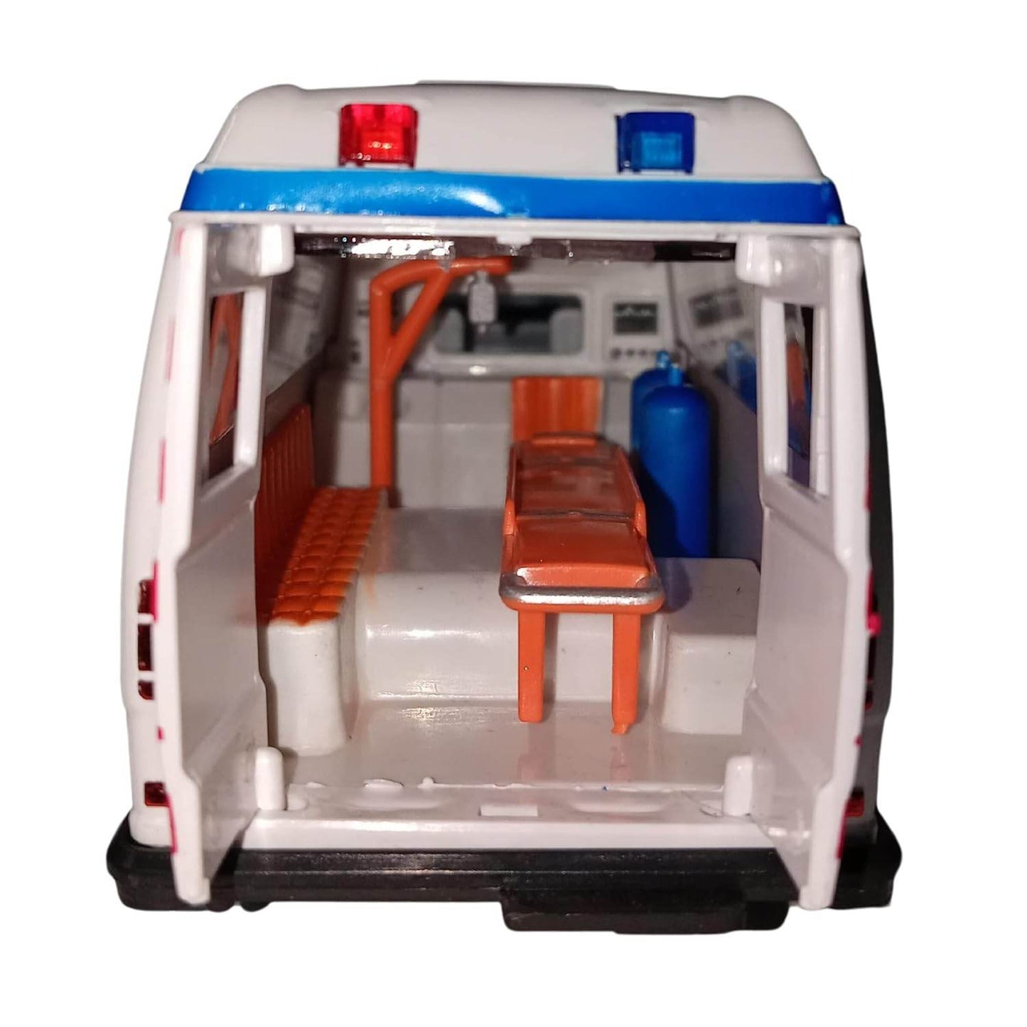 Detailed interior view of a pull back ambulance vehicle toy showing stretcher and medical equipment
