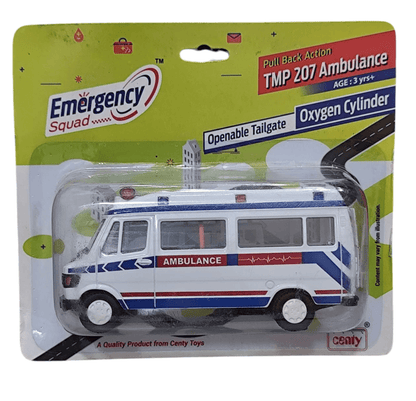 Pull back ambulance vehicle toy by T-Rex the toyland Sitamarhi with openable tailgate and oxygen cylinder