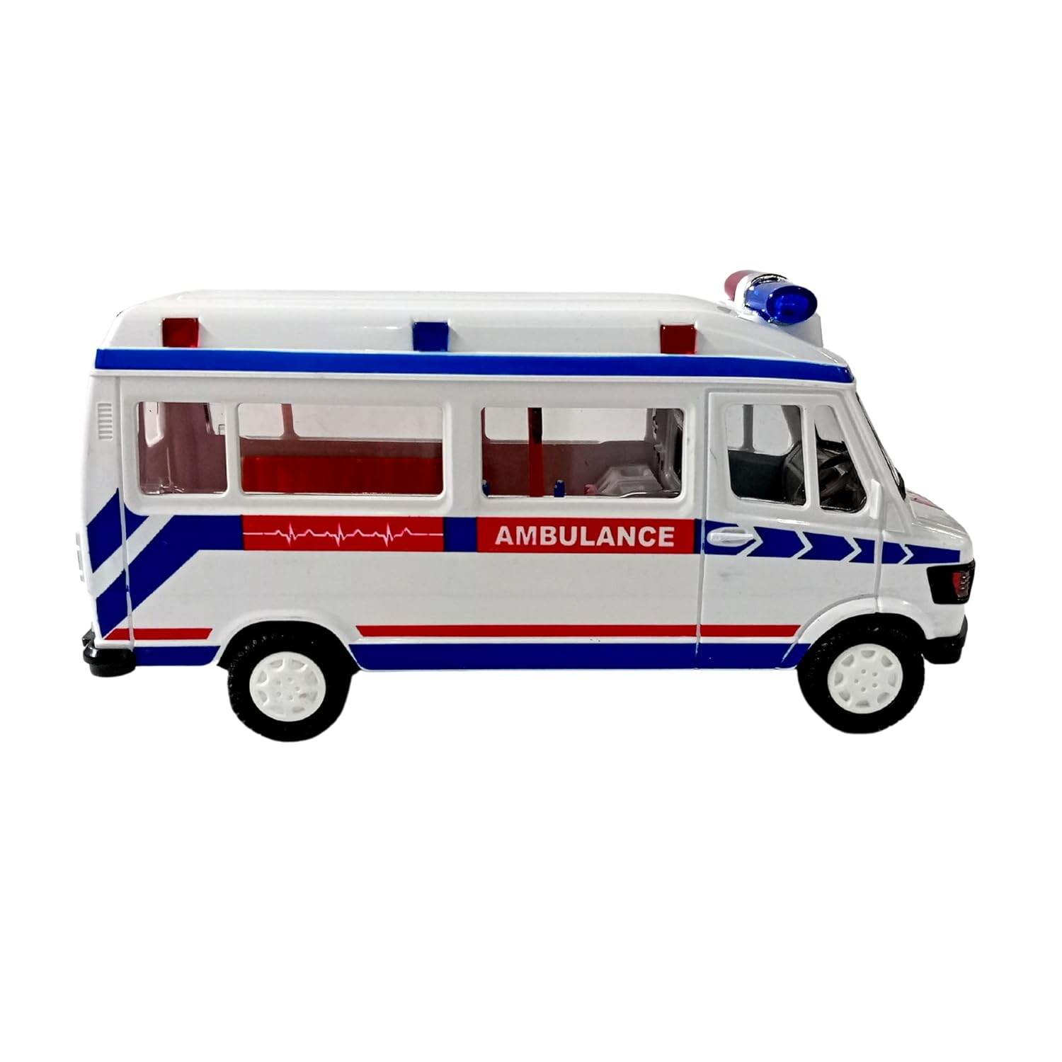 White and blue pull back ambulance vehicle toy with red and blue detailing from T-Rex the Toyland Sitamarhi