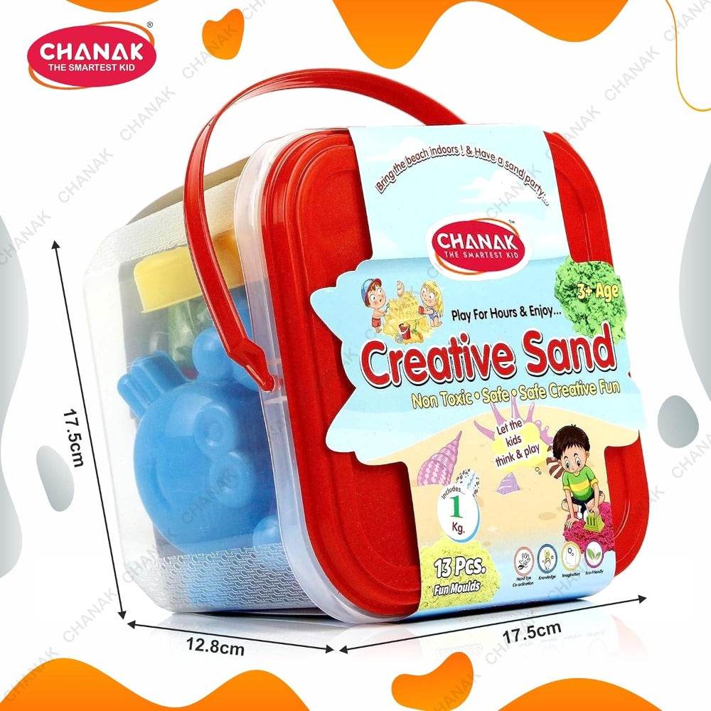 1kg sensory play sand kit by Chanak with 13 pieces including fun molds in a red and clear carrying case