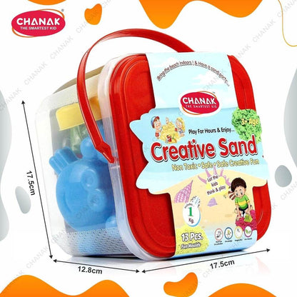 1kg sensory play sand kit by Chanak with 13 pieces including fun molds in a red and clear carrying case